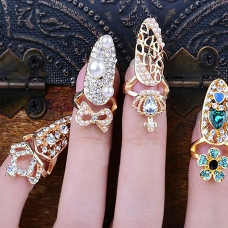 Sparkling Crown Bowknot Fingernail Midi Art Finger Tip Ring Adjustable Crystal Nail Rings For Women Jewelry Accessories