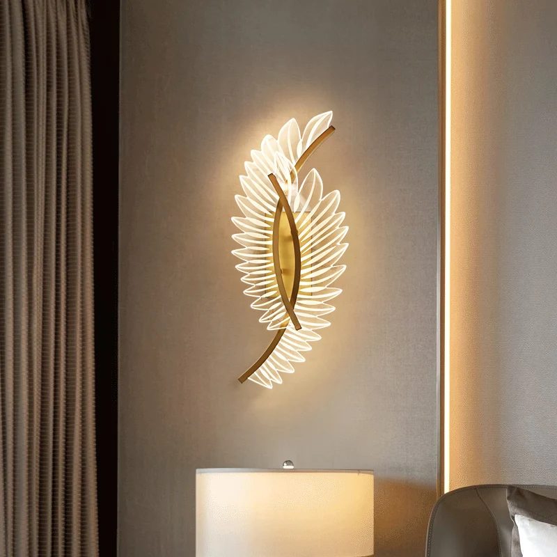 FKL Modern Gold Wall Lamp Feather Acrylic Lights For Living Room Aisle Bedroom Dressing Table LED Super Bright Decorative Lamps