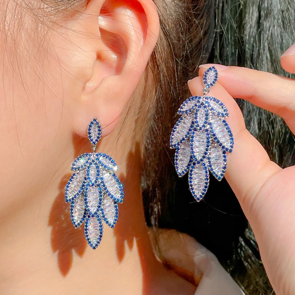 

CWWZircons Luxury Full Blue Cubic Zirconia Pave Big Long Feather Leaf Dangle Earrings for Women Statement Wedding Jewelry CZ969