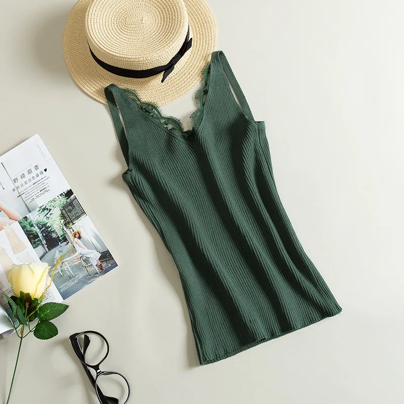 2025 Spring New Hook Flower Lace Solid Stitching V-neck Camis Female Knitted Short Section Slim Outer Wear Shirt Trend Tank Tops