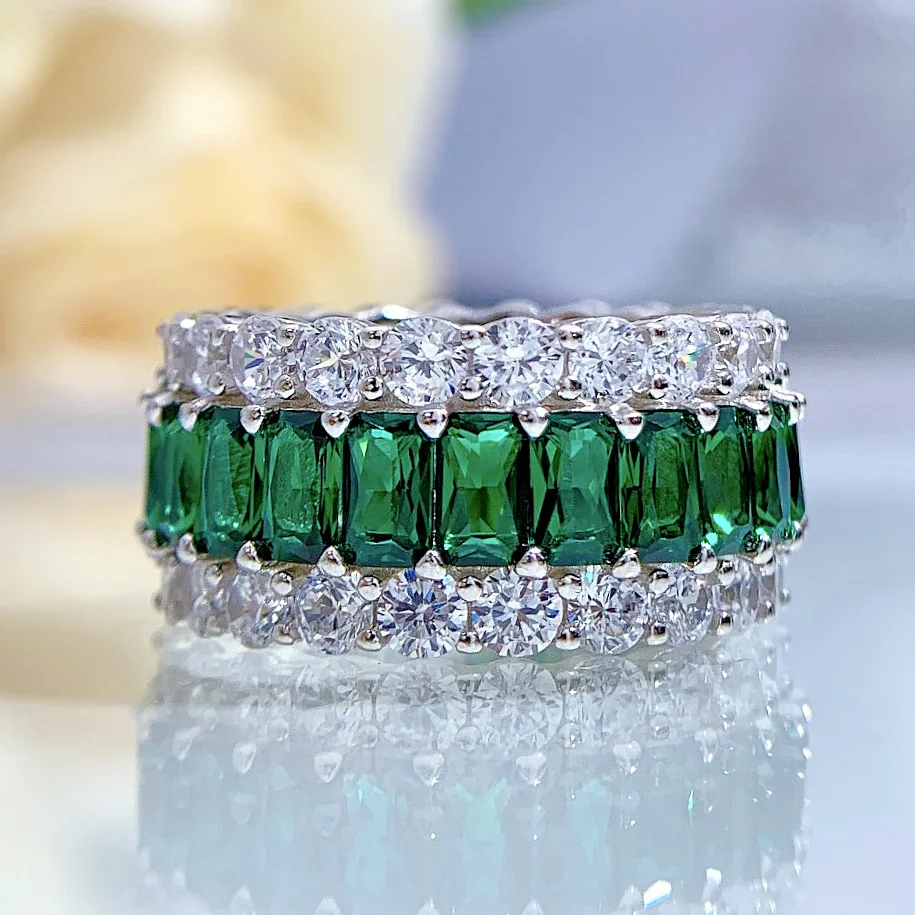 Eternity Volledige Emerald Diamond Ring 100% Echt 925 Sterling Zilveren Party Wedding Band Ringen Voor Vrouwen Mannen Engagement Sieraden