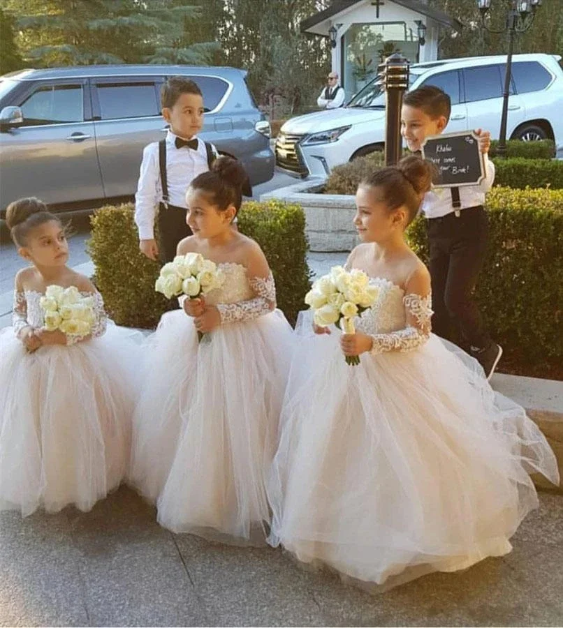 Classic Tulle Flower Girls Dresses With Bow Lace Long Sleeve For Wedding Birthday Party Toddler Kids First Holy Communion