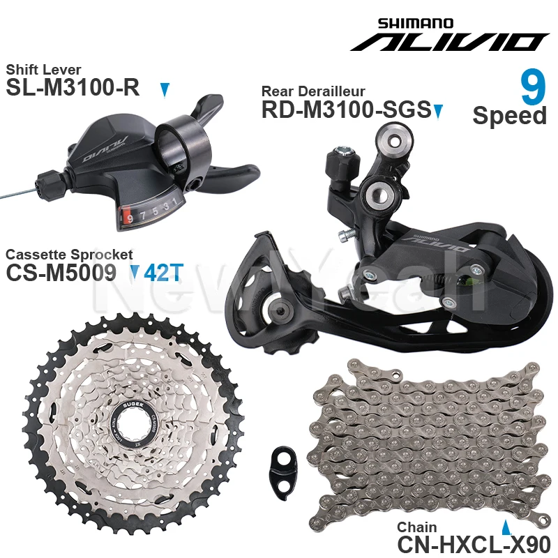 SHIMANO ALIVIO M3100 9 Speed Groupset M3100 Shifter Rear Derailleur and SUGEK Cassette Sprocket 36/42/46T X90 Chain Parts