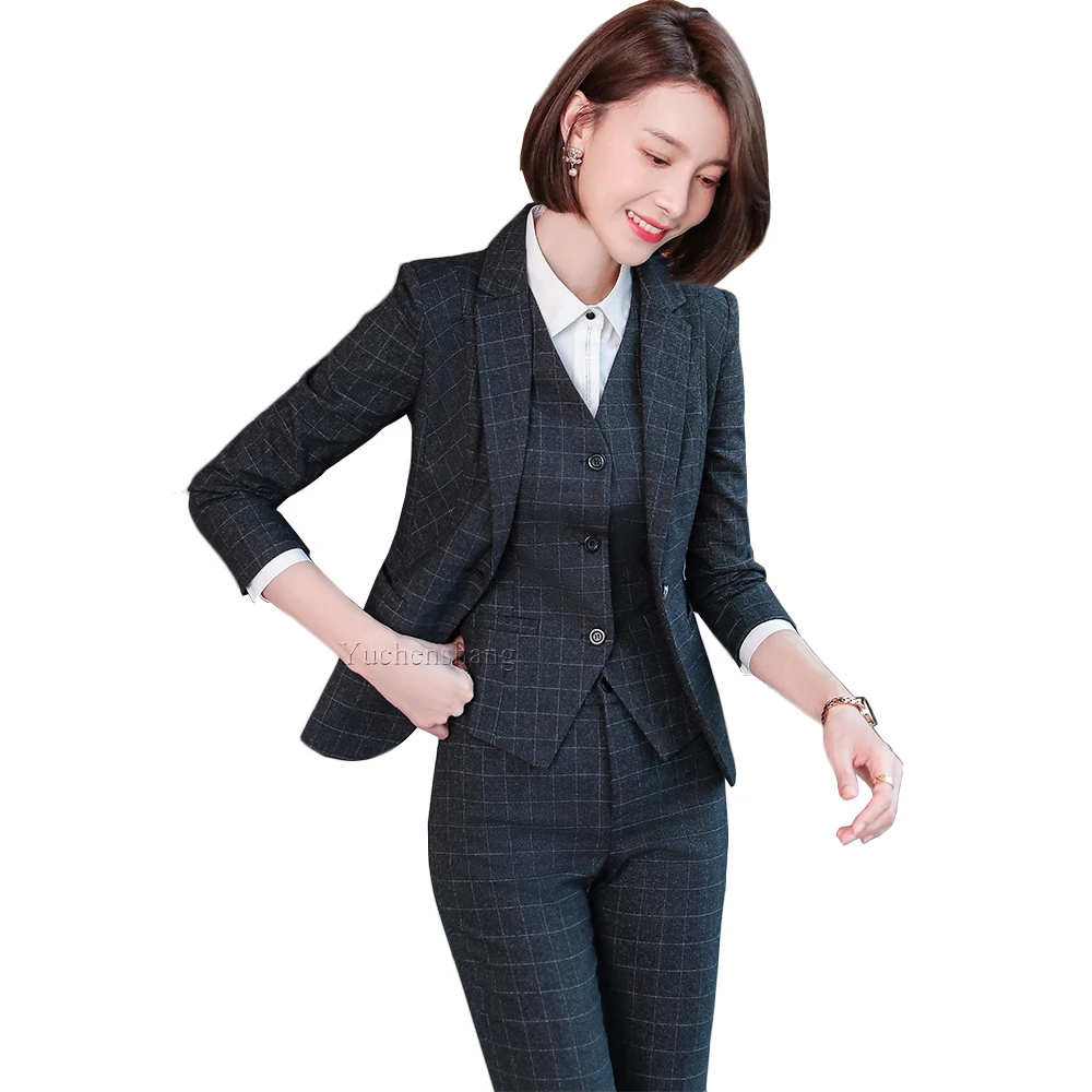 Business Work Career 3 Piece Women Pant Suit Plaid Blazer Vest and Trousers of High Quality Ladies Autumn Winter Formal Set