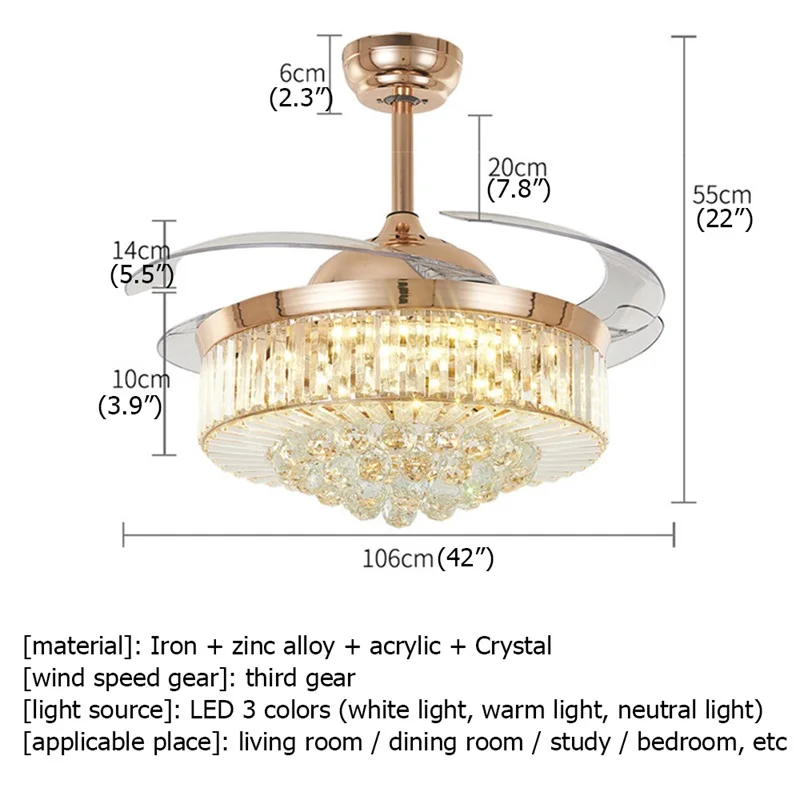 Hongcui Ceiling Fan Light Invisible Luxury Crystal Silvery LED Lamp With Remote Control Modern For Home