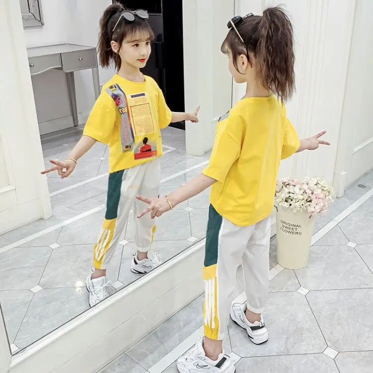 2024 autumn kid baby Girls Clothes Child short Tops t-shirt news paper + striped pants teenager Tracksuit 6 8 9 10 11 12 Year