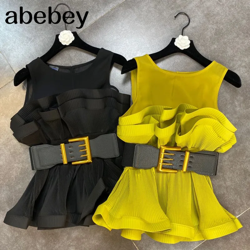 

2022 Summer New Design Sleeveless O Neck Ruffles Short Slim Blouse With Belt Women High Street Fashion Tide