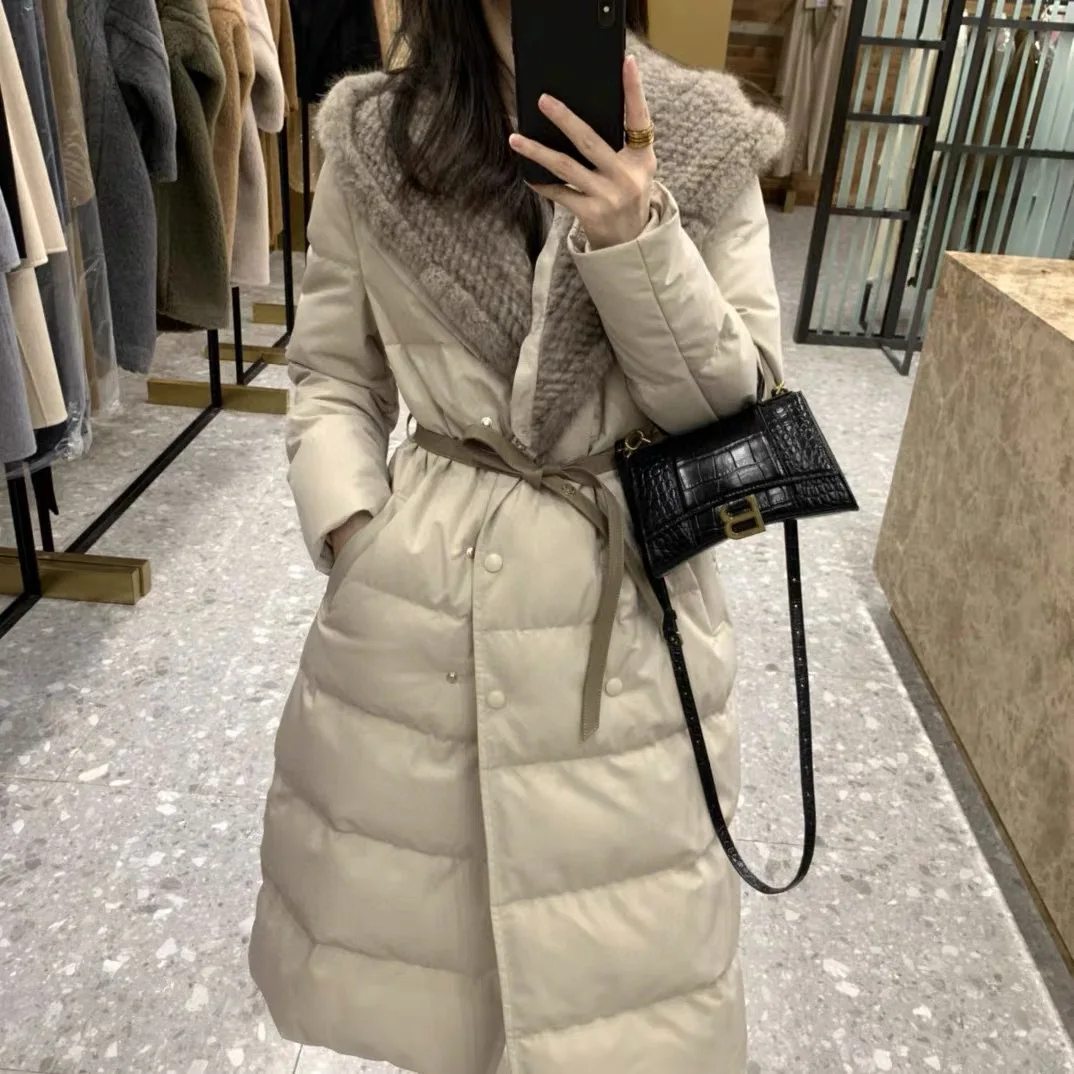 Detachable Mink Hat White Duck Down Oversized Women Long Feather Down Doat Warm Hooded Parka Feamle Thick Loose Puffer Jacket