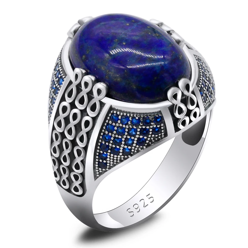 Lapis Lazuli Stone for Men 925 Sterling Silver Blue Stone Vintage Stripe Ring Turkish Thai Silver Jewelry for Male Women Gift