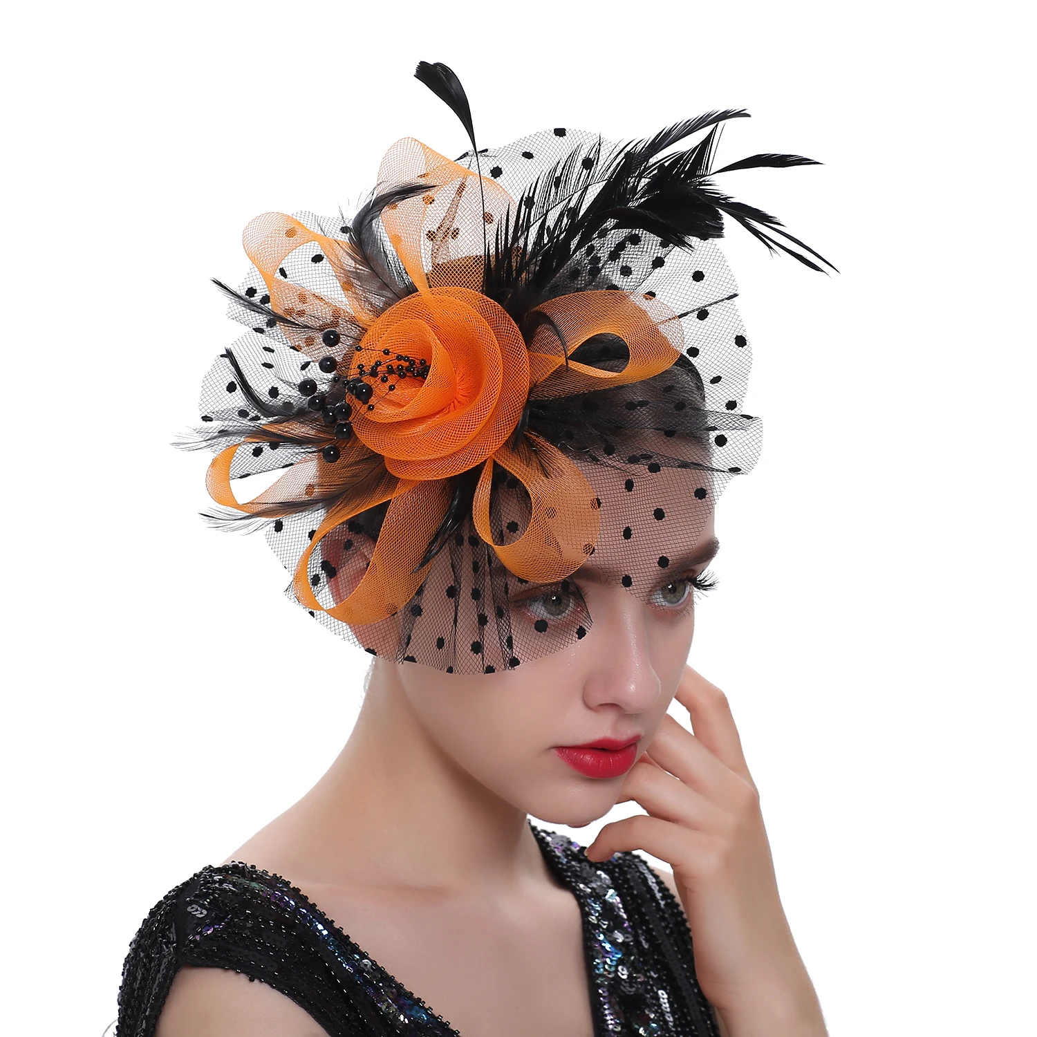 Vintage Women Feather Flower Fascinator Hat Ladies Hair Accessories Wedding Party Floral Mesh Veil Headband Hairpin