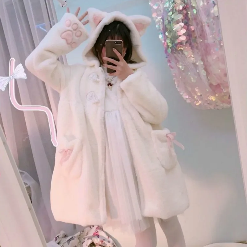 Autumn Winter Japanese Girly Sweet Lolita Coats Warm Soft Plush Cartoon Anime Cute Cat Ears Hooded Jackets Women Kawaii Outwear