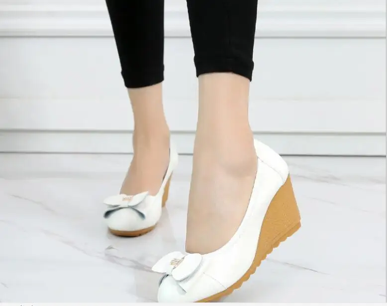 

New Autumn Genuine Women's Leather High Heels Female Shoes Bowknot Pumps Slip On Casual Woman Wedges Shallow Platform shoes