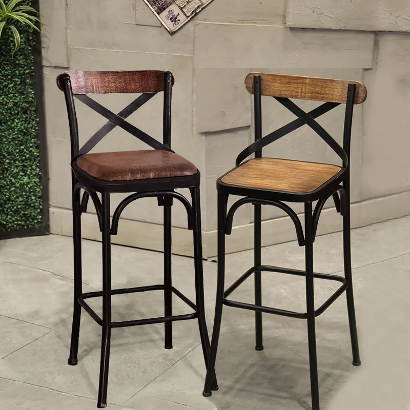 

597 American wrought iron solid wood bar stool with back high chair bar chair bar chair cashier chair high stool