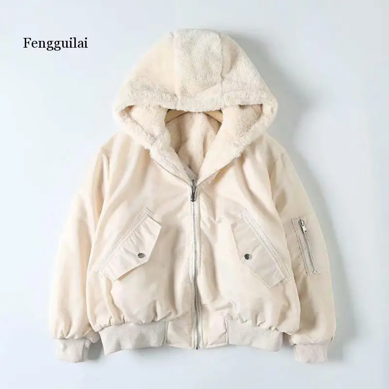 Autumn Winter Fashion New Women Thickening Basic Warm Double Faced Jacket  Female Casual Lamb Wool Lining Hooded Outerwear