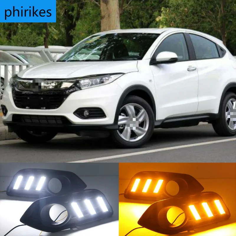 

2PCS LED Daytime Running Light 12V Car DRL Fog Lamp Decoration For Honda HRV HR-V Vezel 2018 2019 Yellow Turn Signal Function
