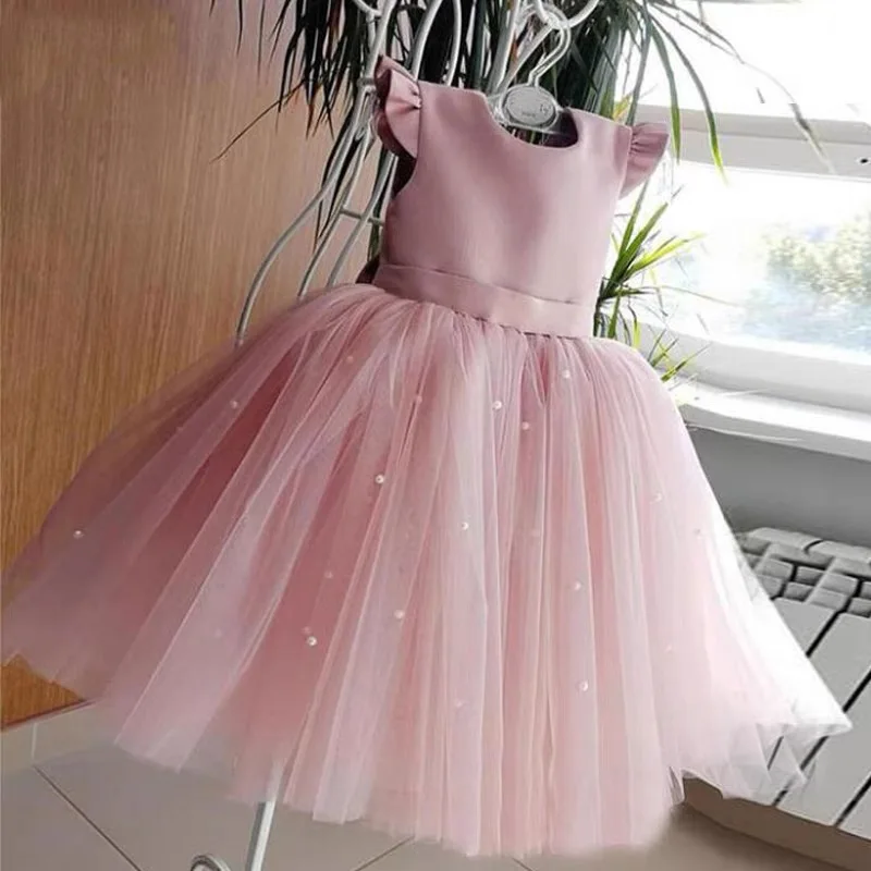 2025 Peach Pink Flower Girl Dresses Of Wedding Beading Backless Girl Birthday Party Evening Dress Tulle Princess Ball Gown 1-12Y