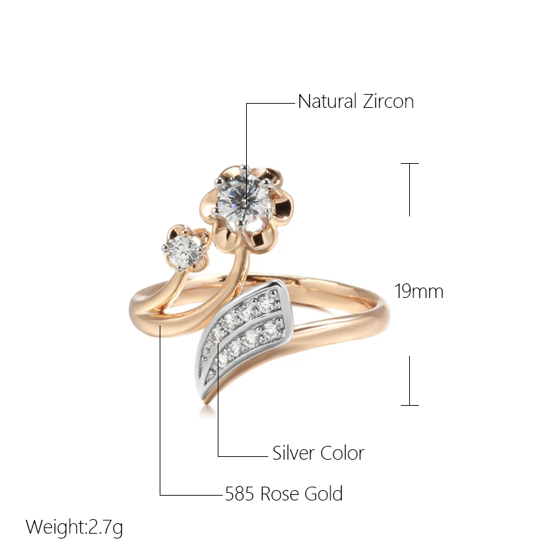 Kinel Fashion Micro-wax Inlay Natural Zircon Rings for Women 585 Rose Gold Crystal Flower Ring Fine Vintage Wedding Jewelry