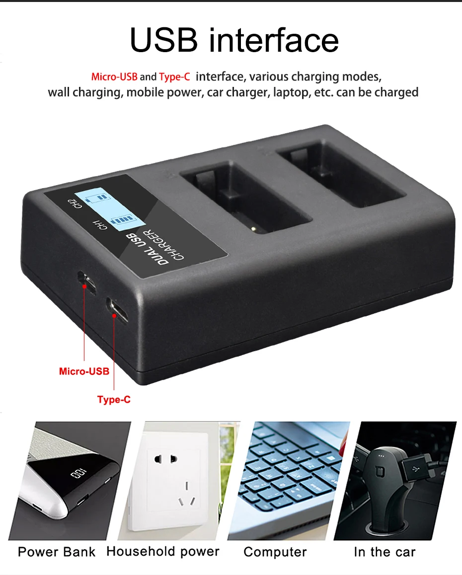 PALO LP-E17 LPE17 LP E17 Digital Camera Battery LCD USB Charger with Type C Port for Canon EOS M3 M5 M6 Rebel T6i T7i EOS