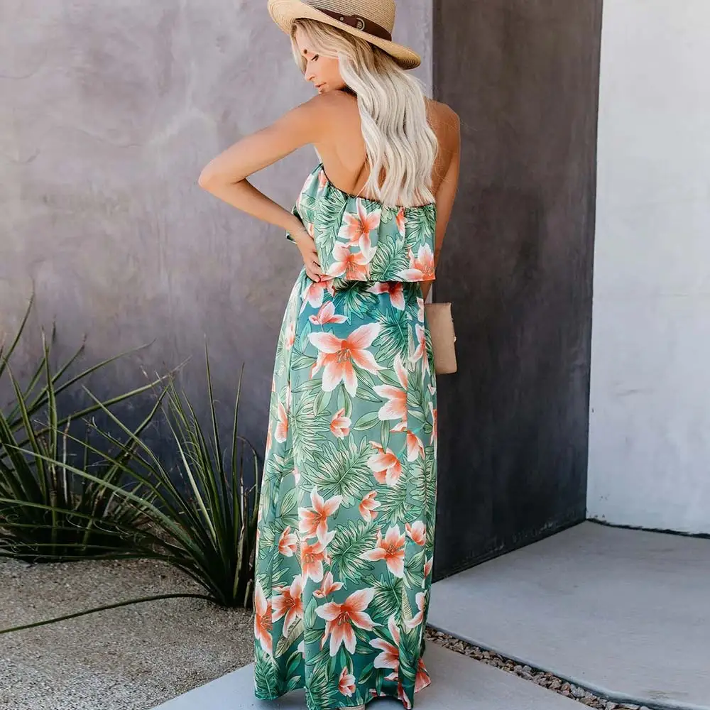 WildPinky 2023 Tropical Rainforest Printed Dress For Women Off Shoulder Split Sleeveless Summer Hoilday Beach Casual Sundress
