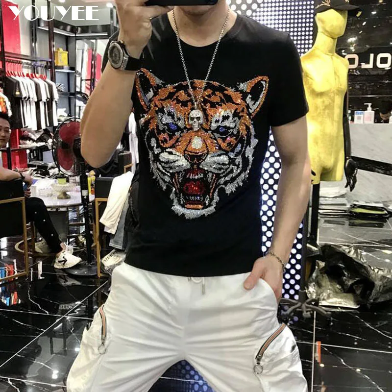 

Mens T-shirts Tiger Head 3D Pattern Diamond Stone Loose Casual Summer New Sweatshirts Handsome Party Tee Male Clothing Top 5XL