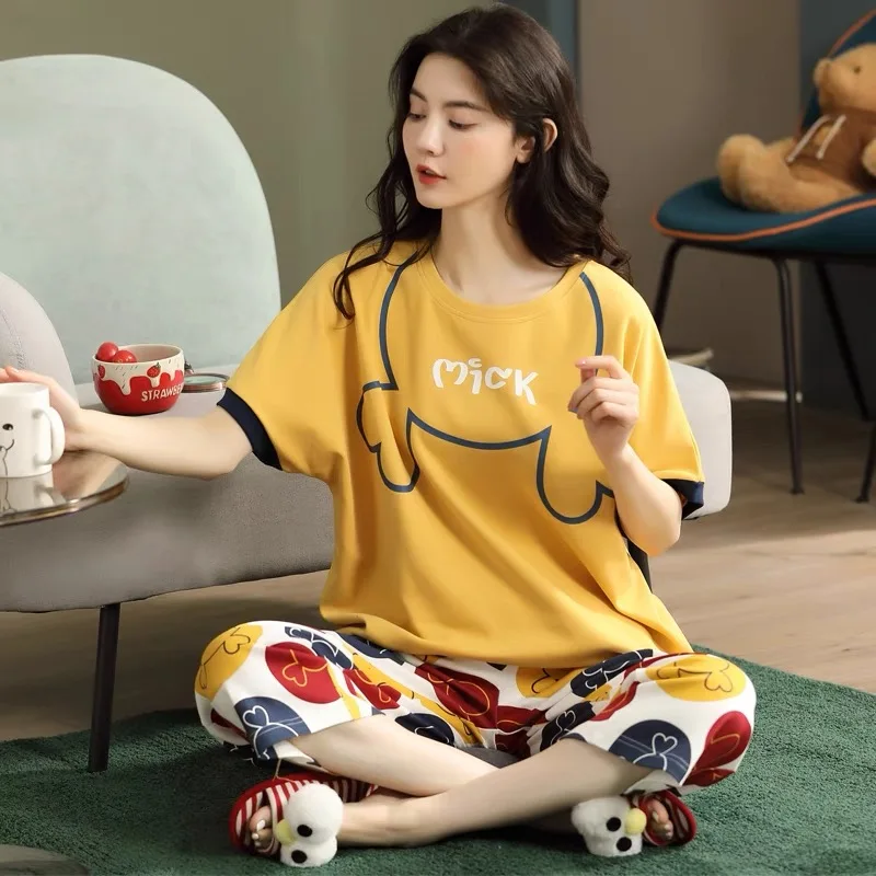 Womens Pajama Suit Japan Korean Casual Cotton Cartoon Pajamas Set Round Neck Short Sleeves Long Pants Mujer Home Clothes ouc1075