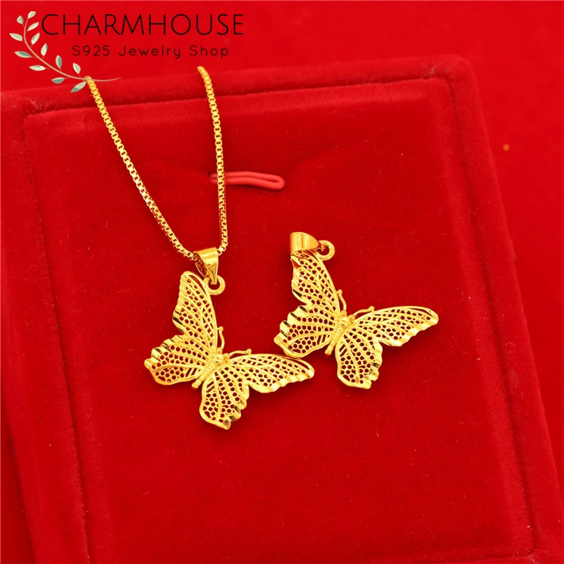 

24K Gold Color Necklaces For Women Exquisite Butterfly Pendant Necklace Chain Collier Femme Choker African Gold Jewelry Gifts