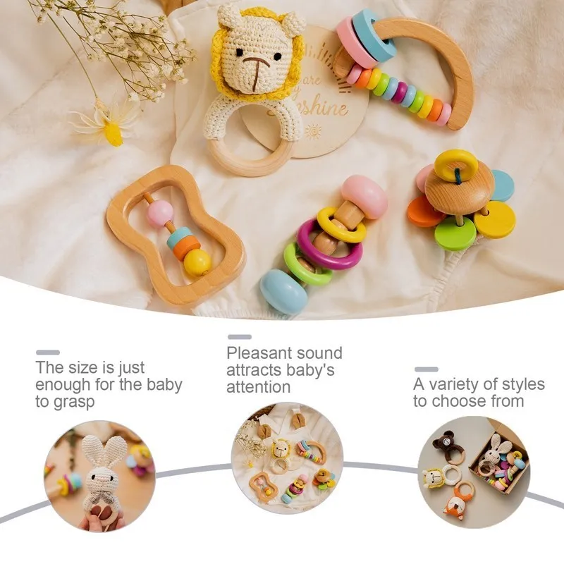 1Set Crochet Animal Rabbit Rattle Toy Soother Bracelet Wooden Teether Ring Baby Product Mobile Pram Crib Wooden Toy Newborn Gift