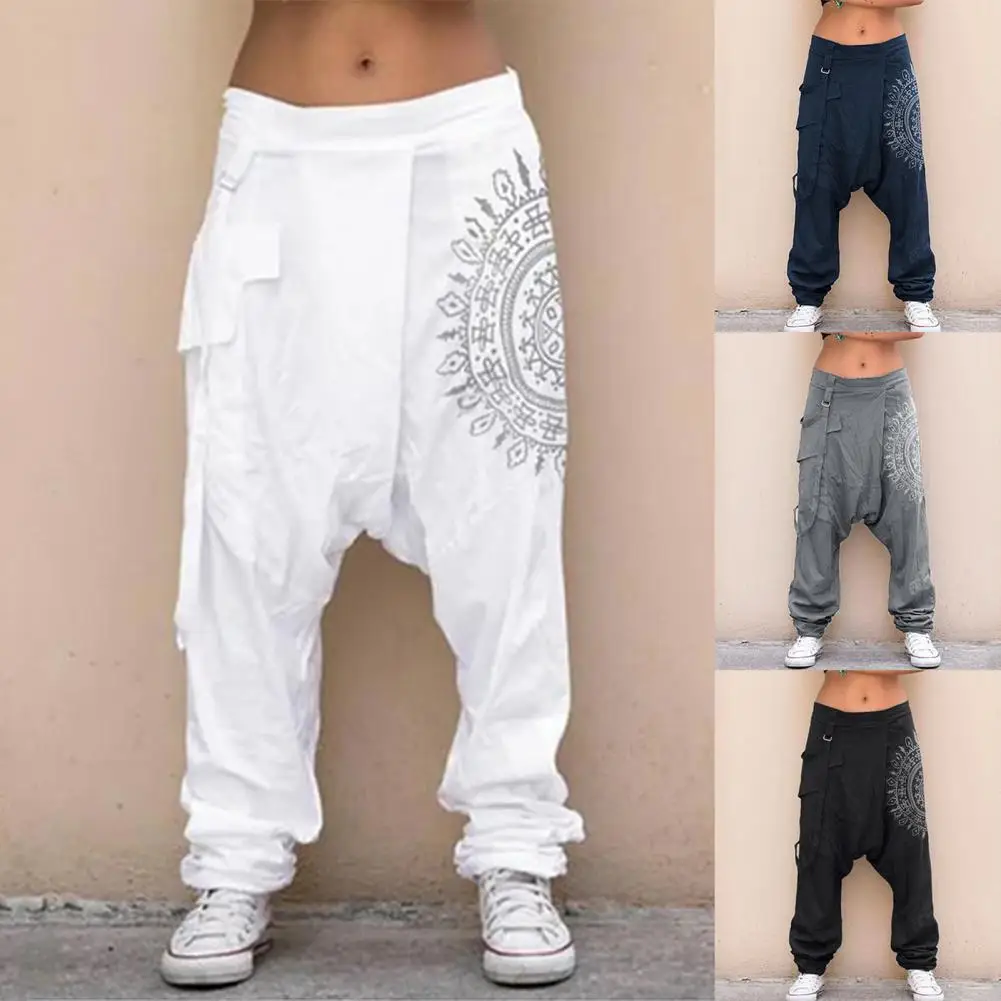 Calças masculinas hip-hop casual cintura baixa gota virilha retro impressão flacidez calças largas soltas harem calças elásticas streetwear