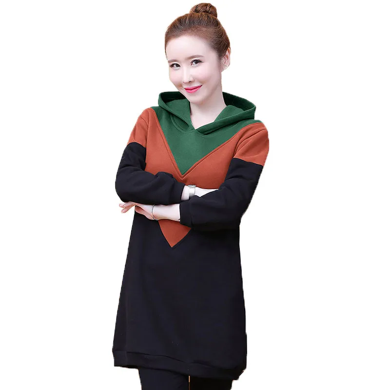 

Autumn Winter Women's Hoodie Sweatshirt New 2022 Add Velvet Padded Fashion Stitching Contrast Color Hooded Ladies Coat 5XL