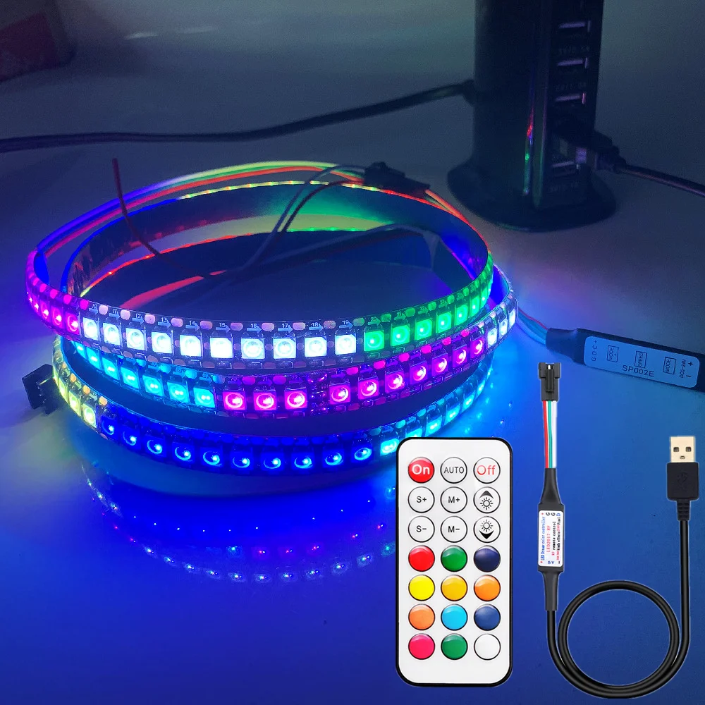 

WS2812B умная RGB Светодиодная лента с USB 21key комплект радиочастотного контроллера WS2812 индивидуально Адресуемая Пиксельная лампа 30/60/144 светодиодов 5 в постоянного тока