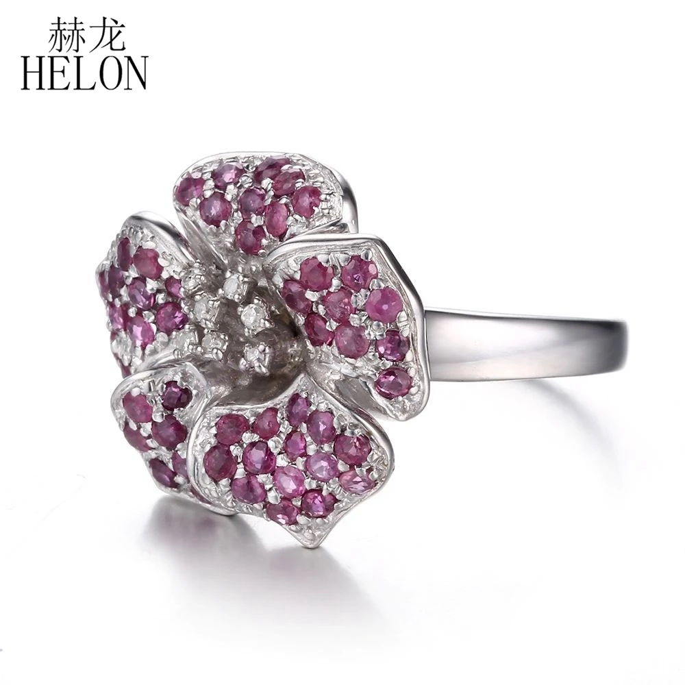 HELON Sterling Silver 925 Pave 1.5ct Genuine Ruby Diamond Engagement Wedding Ring Women Trendy Flower Fine Jewelry Gemstone Ring