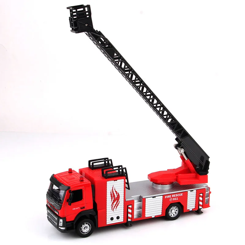 1:50 Scale Volvo Ladder Fire Engine Truck Toy Car Diecast Vehicle Model Pull Back Sound & Light Educational Collection Gift Kid