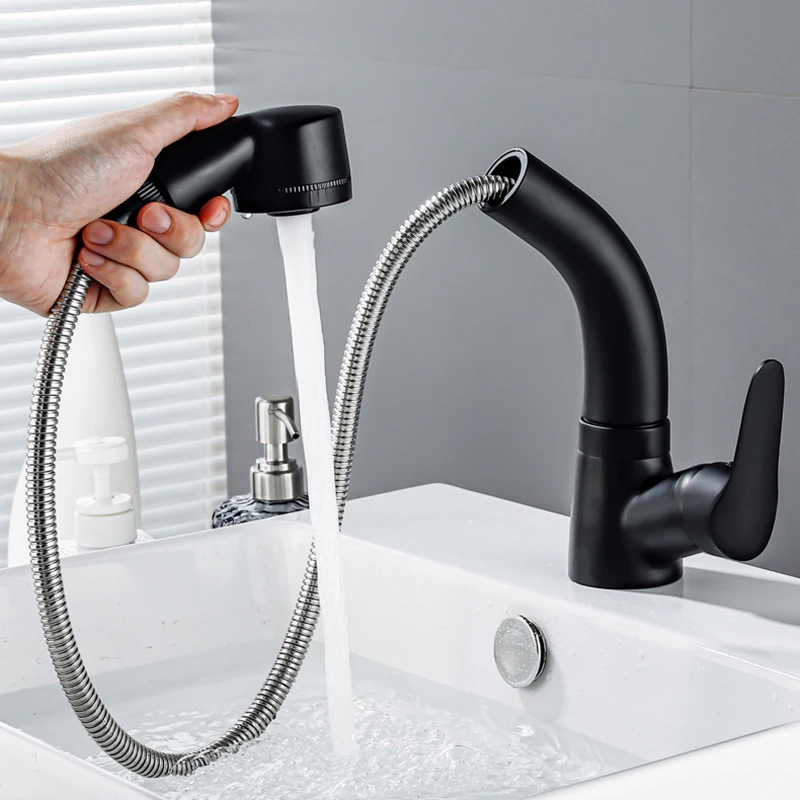 Shinesia Matte Black Bathroom Basin Faucet Pull Out Spout Rotatable Liftable Body Deck Mounted Hot and Cold Water Mixer Tap