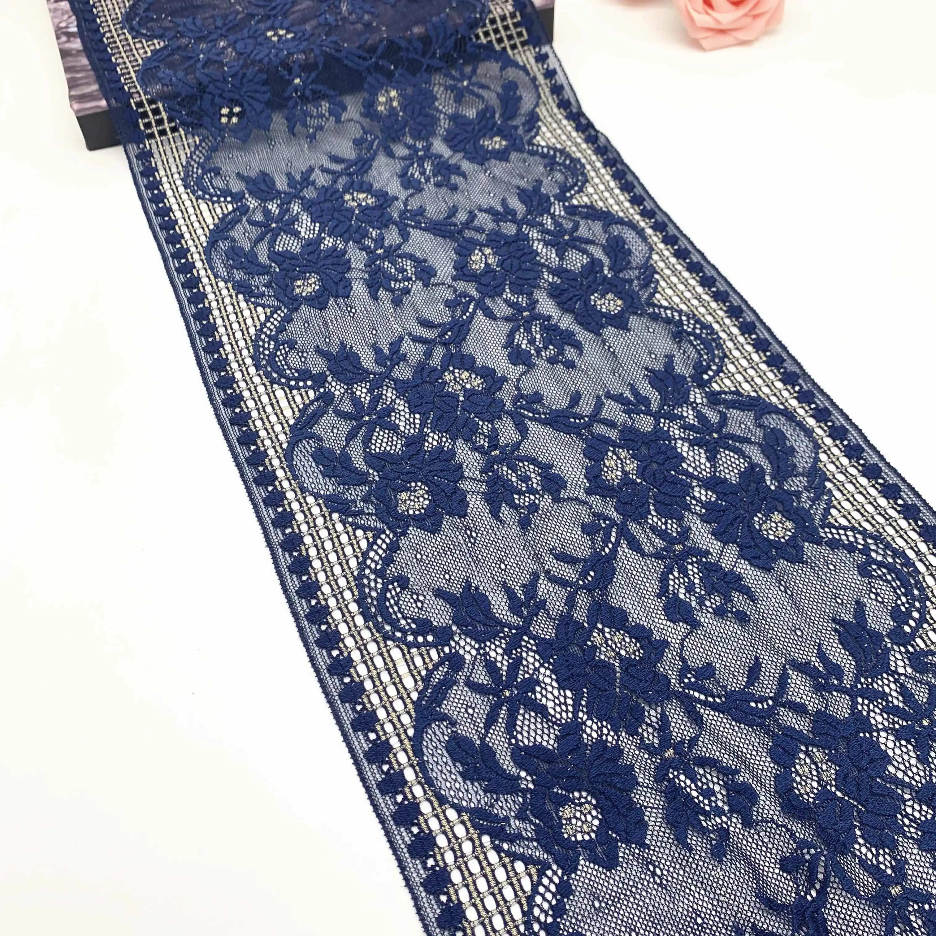 3y/lot Width 6 5/8 inch 22cm Navy Gold Elastic Stretch Lace trim Skirt Hem Underwear Sewing Craft DIY Apparel Fabrics Lace