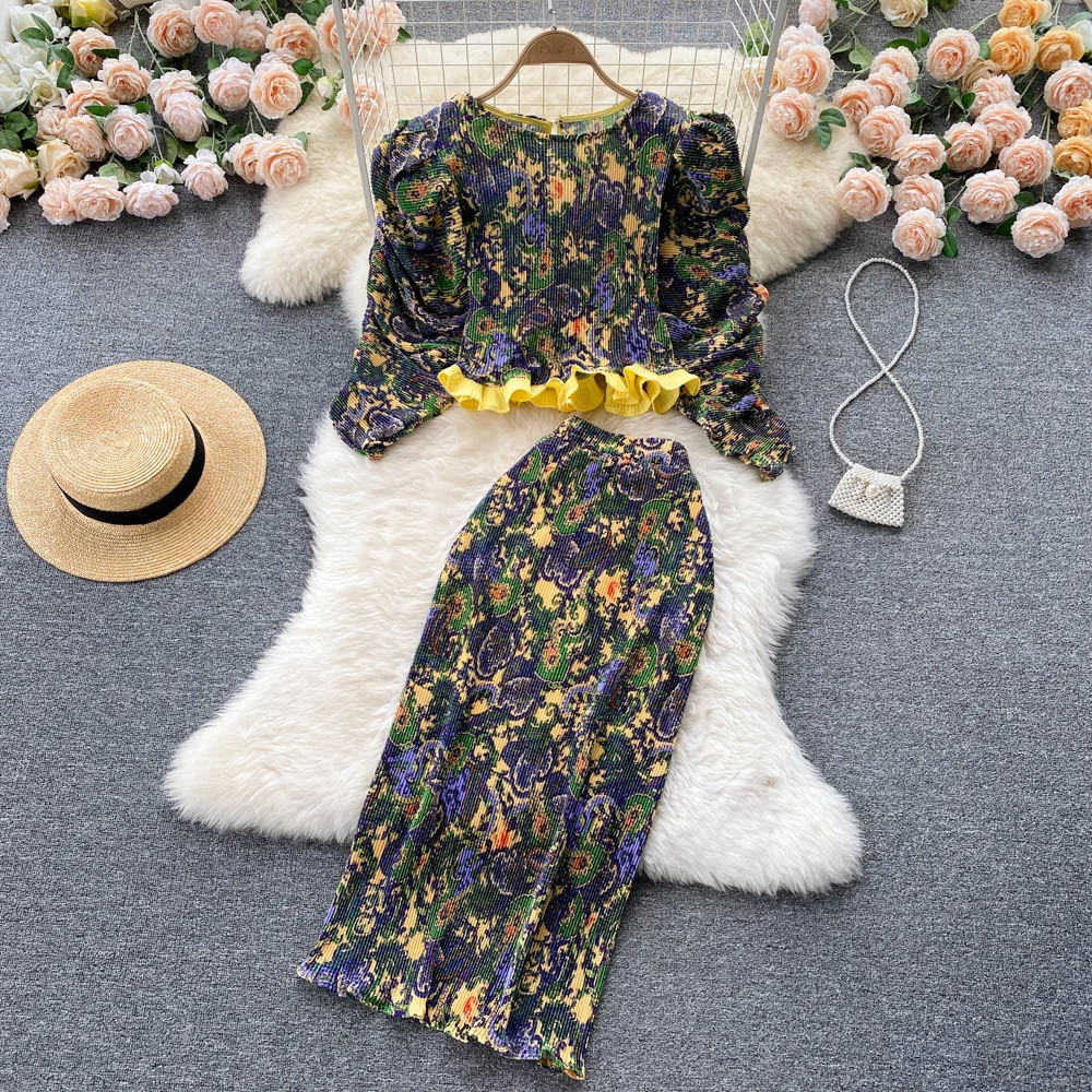 Women Two Piece Set Vintage Floral Print Puff Sleeve Pullover Tops and Elastic Waist Pleated Skirt Suits Fashion Clothing Sets