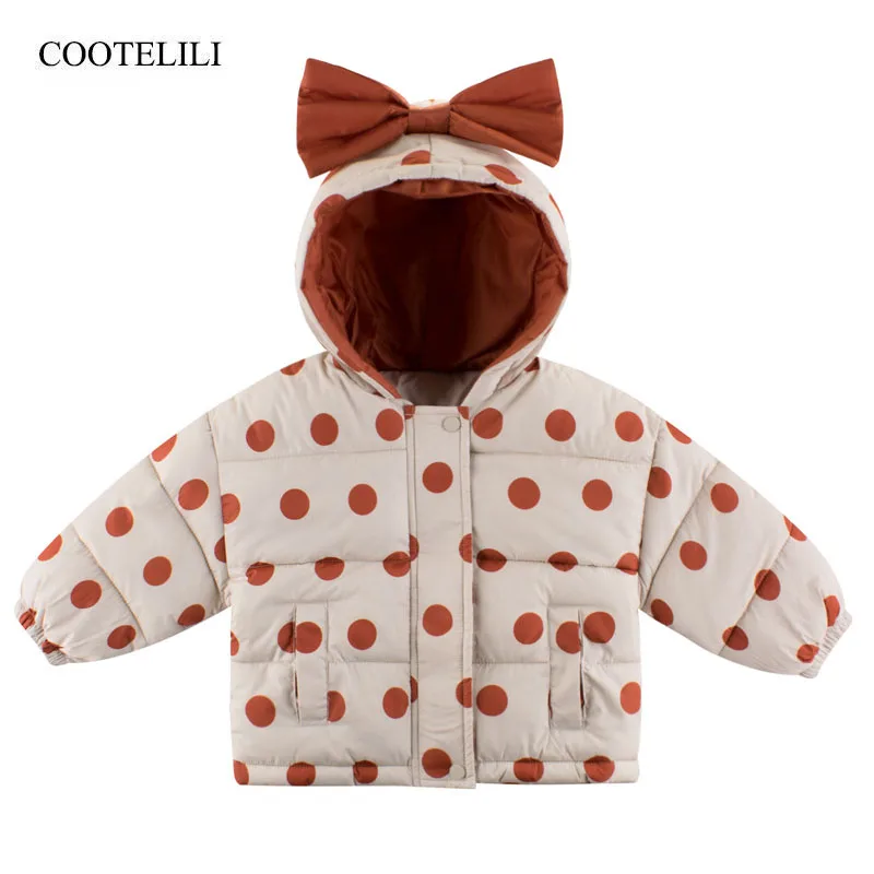 

COOTELILI Bow Warm Kids Jacket Coat For Girls Baby Winter Dot Parka Kids Jacket Hood Winter Children Clothing Toddler Outerwear