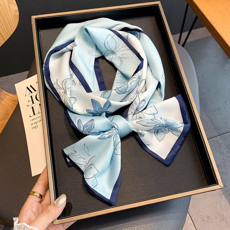 Elegant Silk Skinny Scarf Women Neck Scarves Foulard Female Long Hairbands Floral Print Big Ties Ribbon Neckerchief Bandana