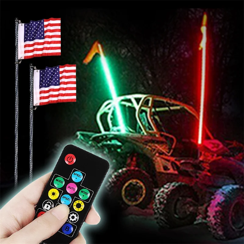 Motorcycle Lighted Spiral LED Whip 3FT 4FT 5FT Antenna wIth Flag LED RGB Flagpole Lamp with Remote Control for Jeep ATV UTV