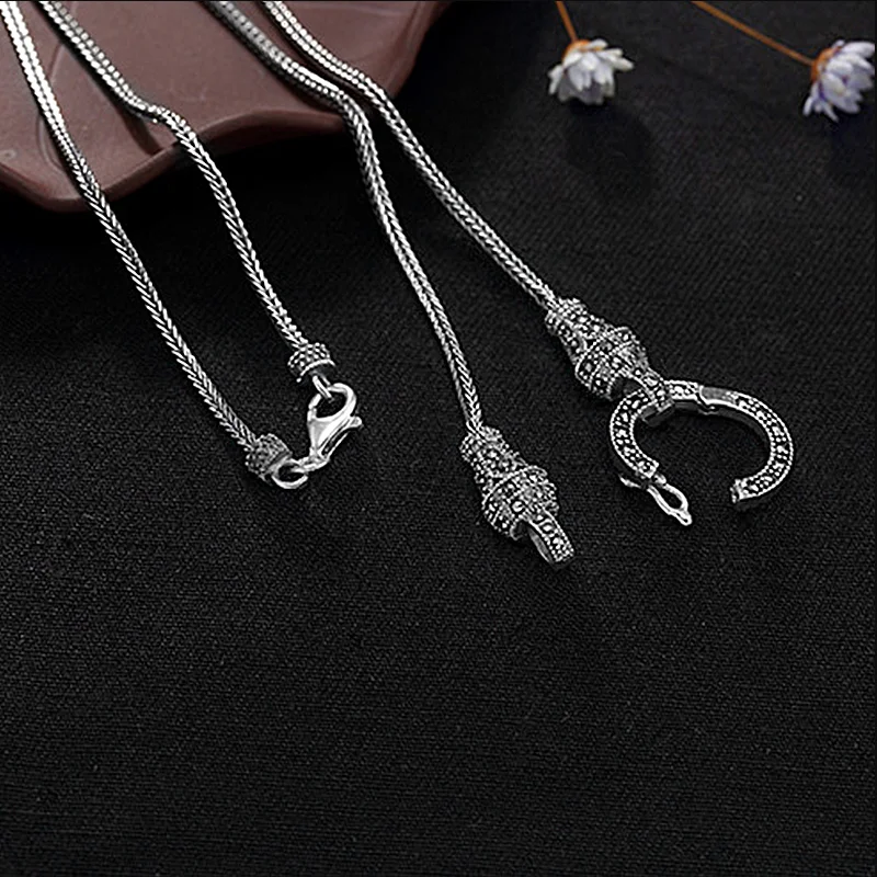 Collana retrò a catena lunga in argento reale collana da donna in argento Sterling S925 con pendente in pietra Marcasite gioielli in argento tailandese