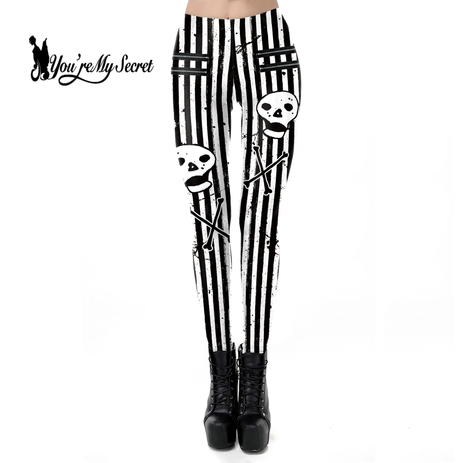 Women\'s 3D Skeleton Stripe Pattern Pants, Sexy Leggings for Fitness, Flexible, High Waist, Halloween Fashion, You\'re My Secret