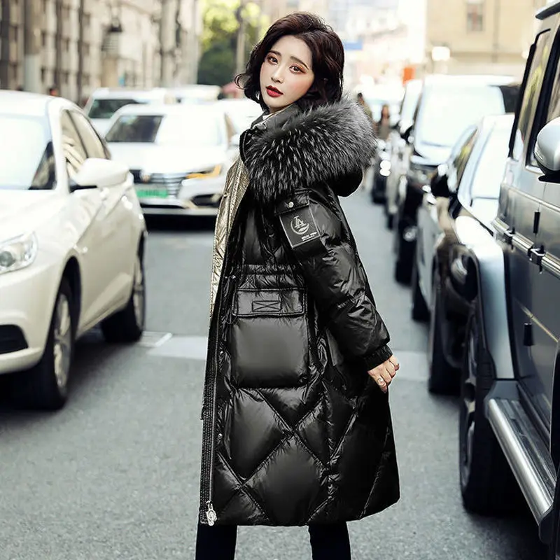 Down jacket women\'s long winter 2021 plush fashion thick fur collar temperament slim physique coat for office lady cold weather