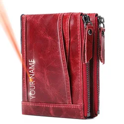 Leather Women Wallets Name Engraving Short Genuine Leather Top Quality Card Holder Classic Female Purse Zipper Wallet For Women
