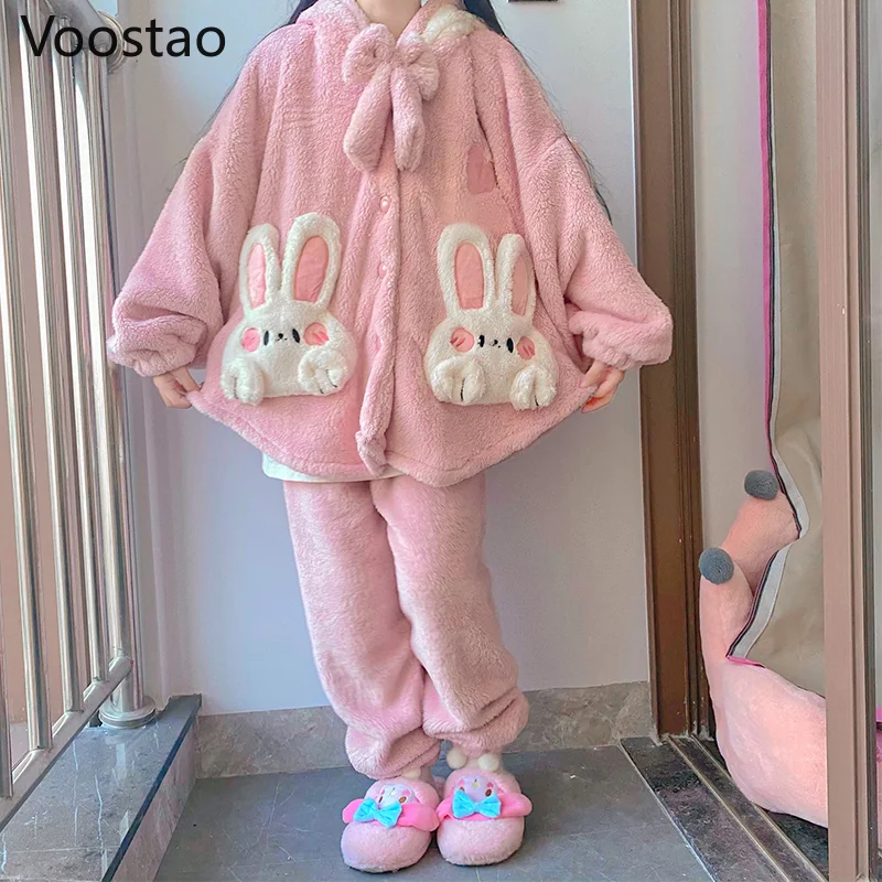 Autumn Winter Women Cute Princess Coral Fleece Pajamas Sets Warm Cartoon Rabbit Ears Hooded Homewear Girls Sweet Plush Sleepwear