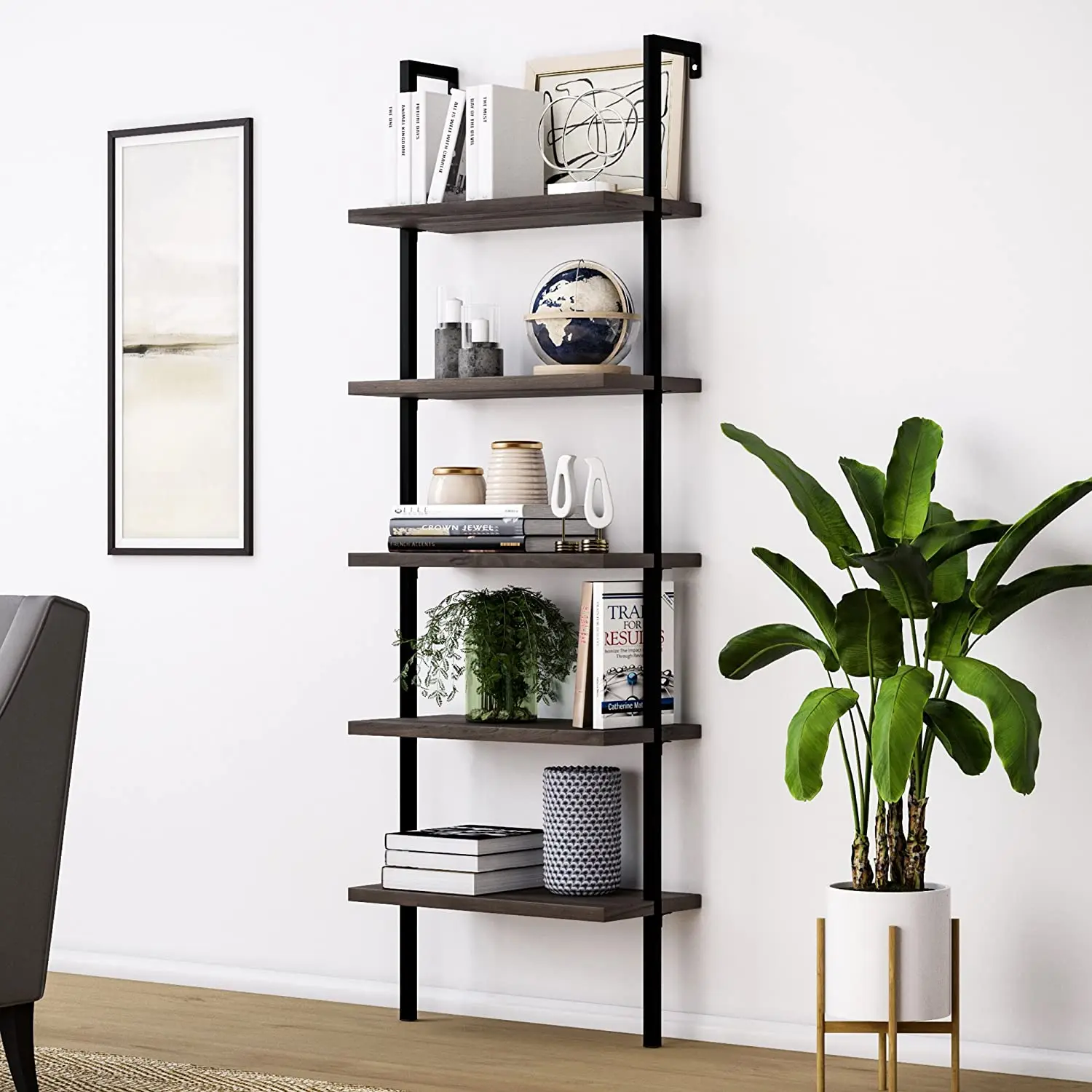 US Warehouse Three Colors 5-Shelf Wood Ladder Bookcase with Metal Frame Industrial 5-Tier Modern Ladder Shelf Wood Shelves