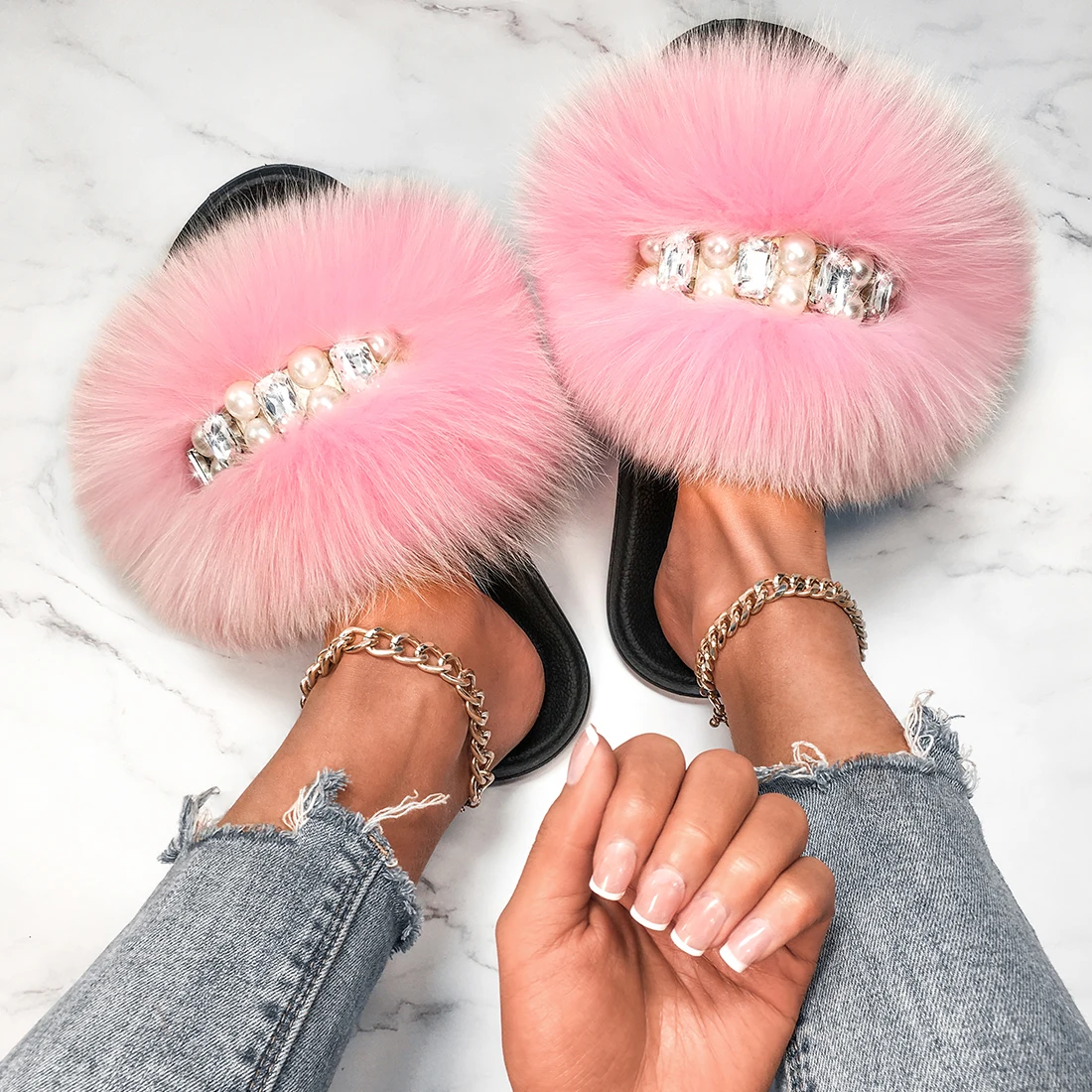 Plush Slippers Flip Flops Pearl Chain Real Fox Fur Slides For Women Fluffy Summer Sandals Furry Slippers Female Flat Home Shoes