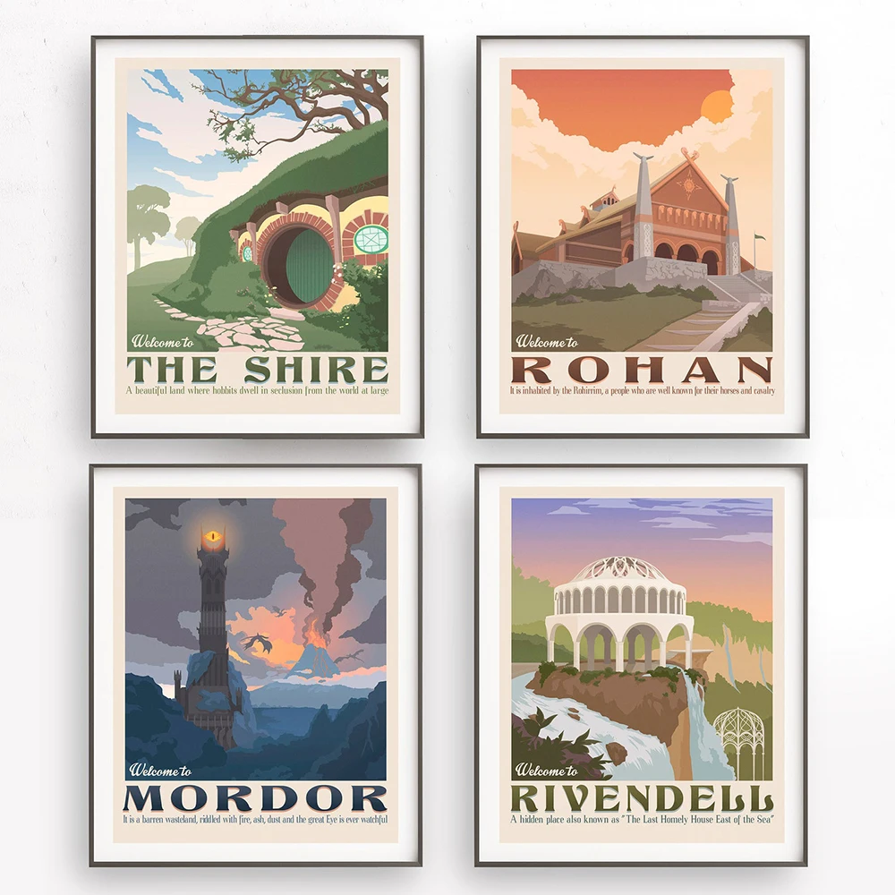 Nordic Vintage Travel Poster Tolkien Middle earth The shire illustration Landscape Art Canvas Painting Wall Pictures Home Decor