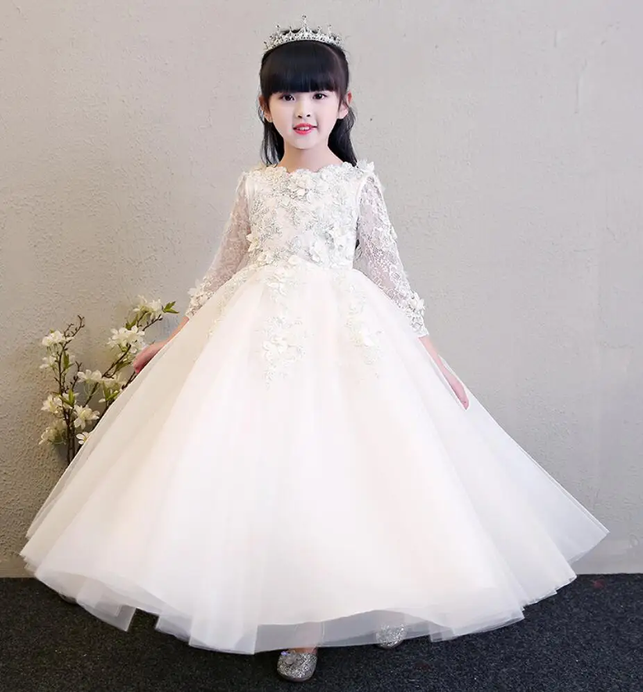 Elegant Pink Appliques Tulle Flower Girl Dress for Wedding Princess Long Sleeve Kids Party Prom Dress First Communion Dresses