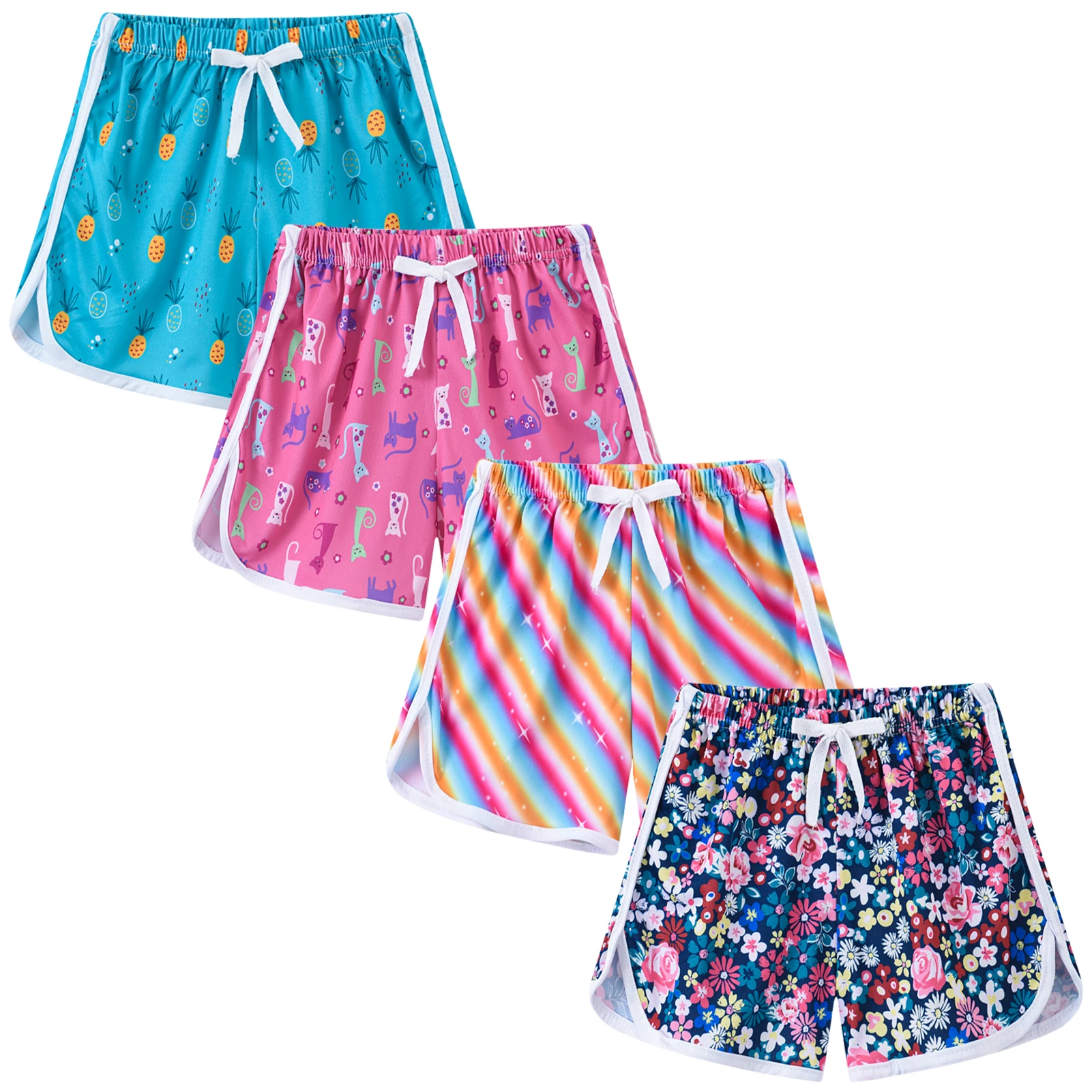 4pcs/Set Girls Sport Shorts,Bright Color External Wear,Printed Panties,Kids Loose Beach Trunks,Children's Bottoms for Summer