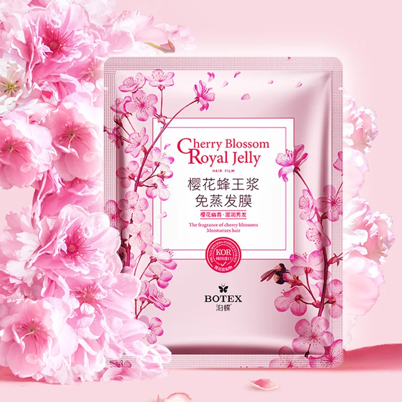 Disposable No Steaming Spa Repairing Hair Mask Cherry blossoms Royal jelly Nourishing Hair Mask Cap Repair Damag Hair Keratin