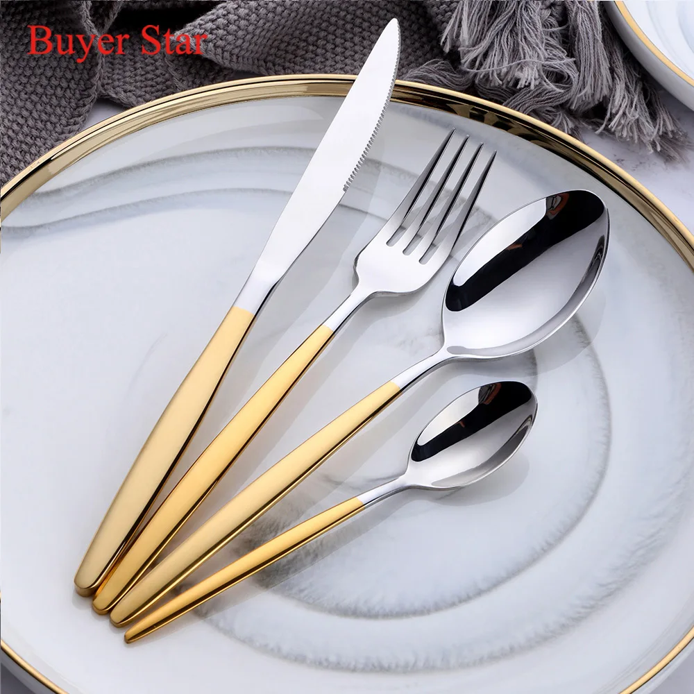 

24PCS Stainless Steel Western Silverware Cutlery Set Gold Handle Fork Knife Spoon Dinnerware Kitchen Food Luxury Tableware